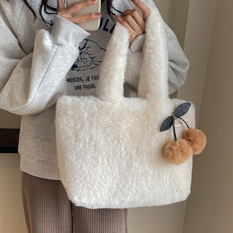 Plush fur bag portable bag with large capacity furry shoulder bag for college students handbags