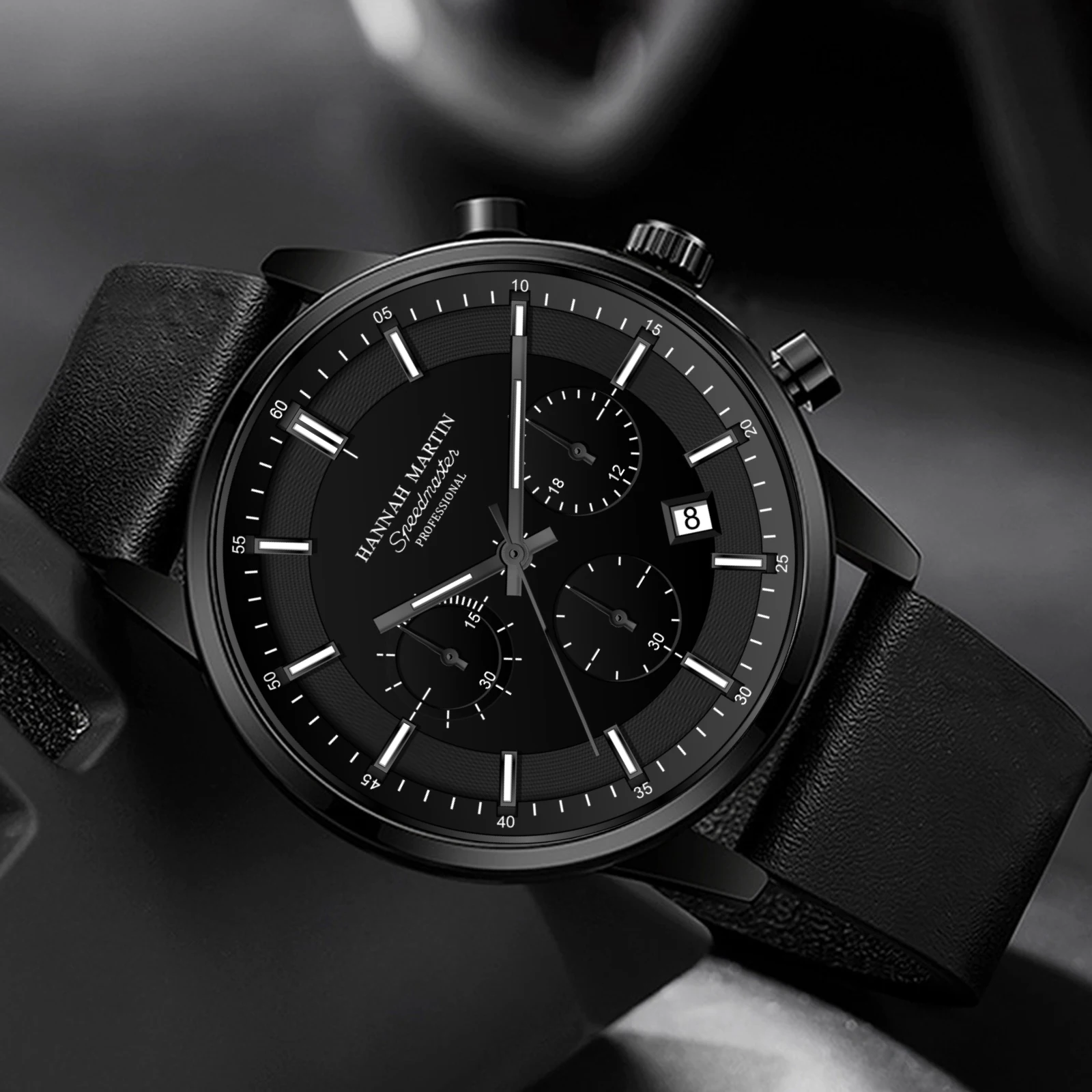 2024 New Mens Black Watch Fashionable Multi functional Timing Dial Original Quartz Movement Simulated Clock Silver Casual Watch