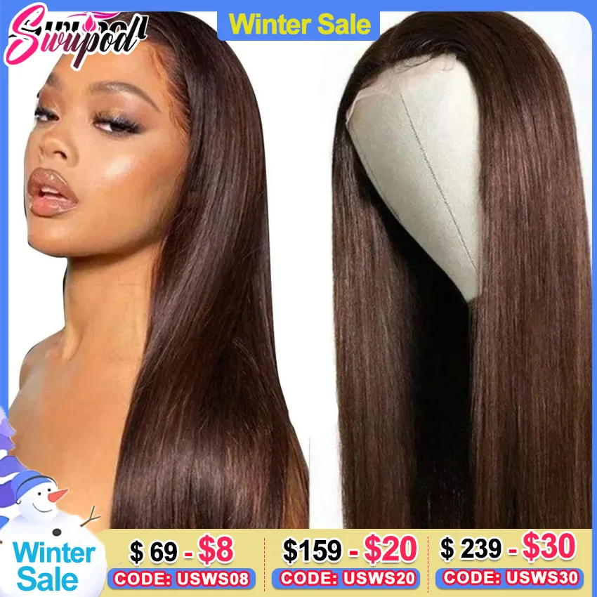 Swupod 13x4 13x6 HD Lace Front Wig for Women Silky Straight Remy Human Hair Dark Chocolate Brown Glueless Pre Plucked