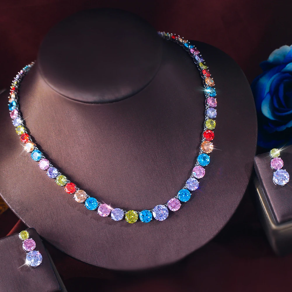ThreeGraces 2026 New Fashion Brilliant Multicolor Zirconia Bridal Wedding Tennis Necklace Earrings Jewelry Set for Women T1217