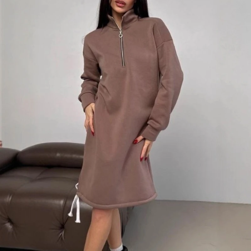 

Fall/Winter 2025 High Neck Half Zipper Sweater Dress Warm and Long Ladies Dress