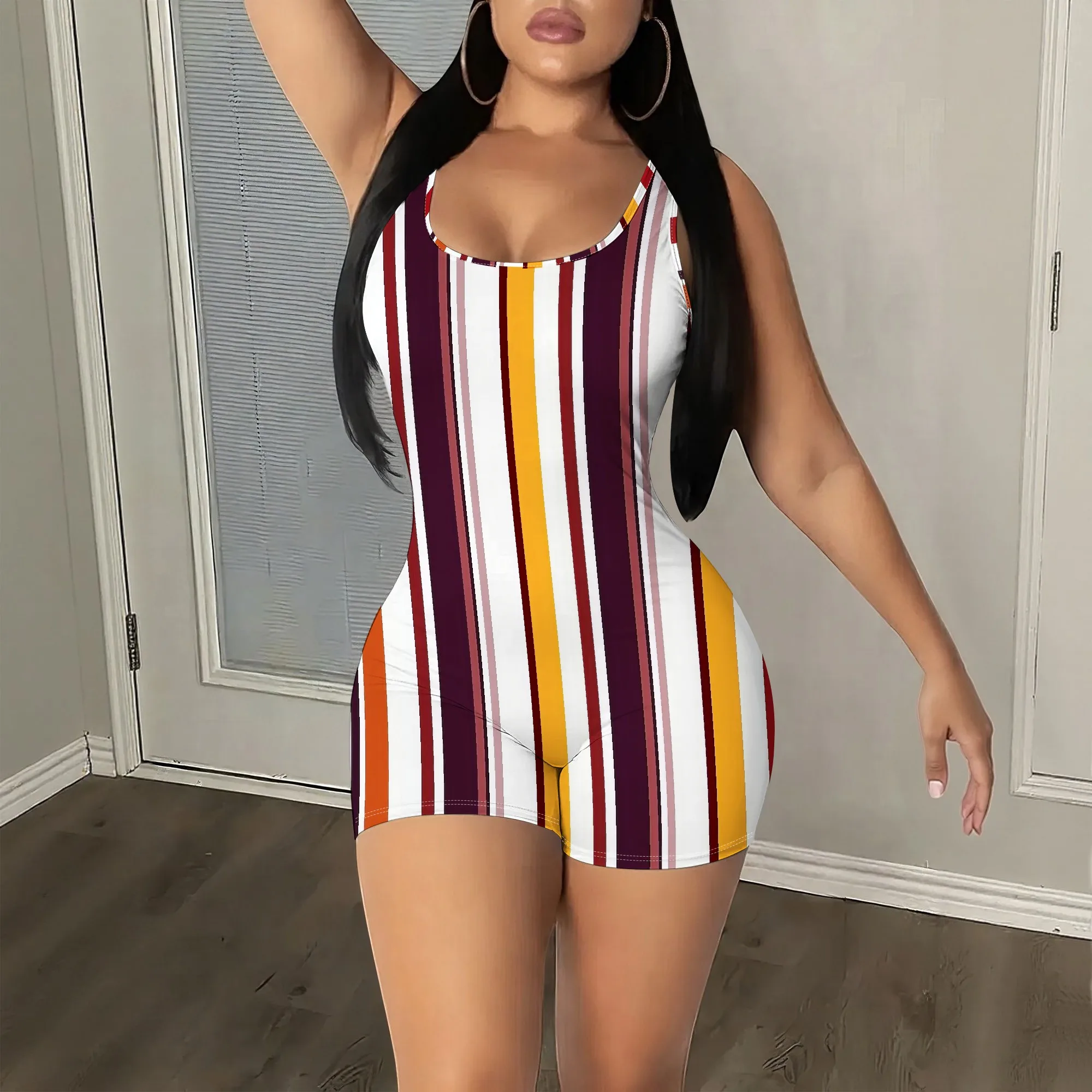 

Striped Bodysuit, Vertical Pattern Romper, Sleeveless Jumpsuit, Summer Beachwear, Casual Party Outfit, S-2XL