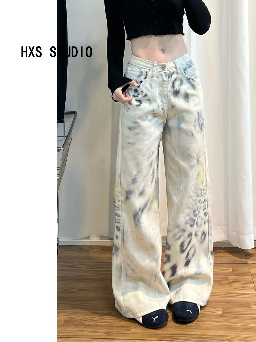 

Tie Dye Leopard Print Wide Leg Jeans Women's Loose Drapey Floor Length Pants High Waist American Sle Spring New Arrivals