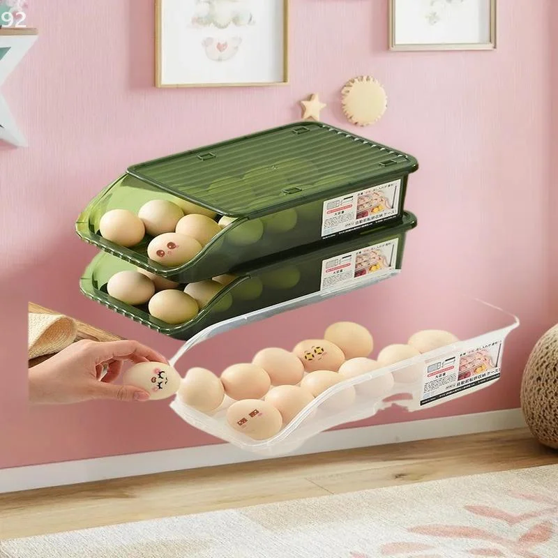 حامل أرفف صندوق البيض المتداول الأوتوماتيكي للثلاجة صندوق حفظ الطعام الطازج وحاويات تخزين سلة البيض ومنظمات المطبخ