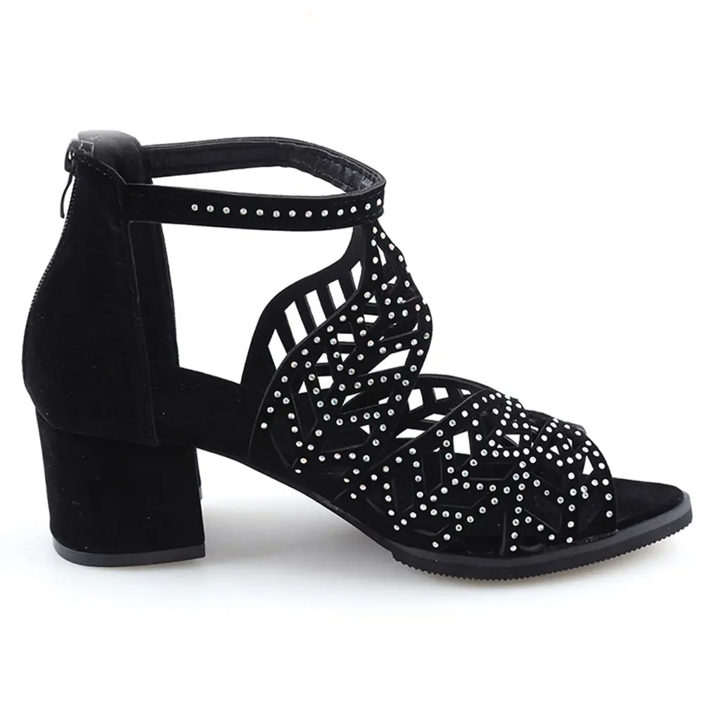 New Style Women Summer Hollow Out Faux Leather Rhinestones Thick Heel Zipper Sandals Shoes