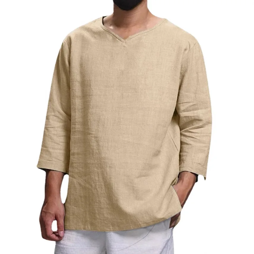 

Men's V-Neck Cotton Linen Loose Long Sleeve Shirt