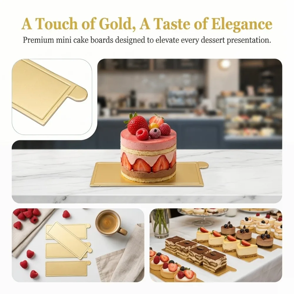 100pcs Mini Rectangle Mousse Cake Boards Cardboard Food-Grade Cupcake Base Coasters Handle Cake Baking Board Birthday Party view 2