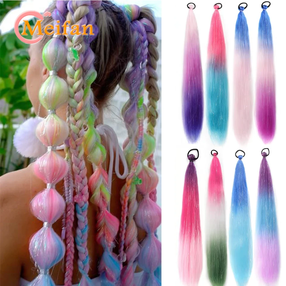 

2pcs 26in Long Colorful Tinsel Hair Ponytail Extension Synthetic Elastic Band Ponytail with Glitter Tinsel Hair For Music Festiv