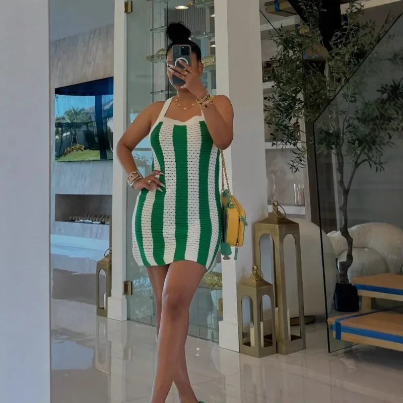GUWU femmes rayé tricot côtelé sans manches sangle moulante été robe de plage soirée Sexy fête robes de rue robes