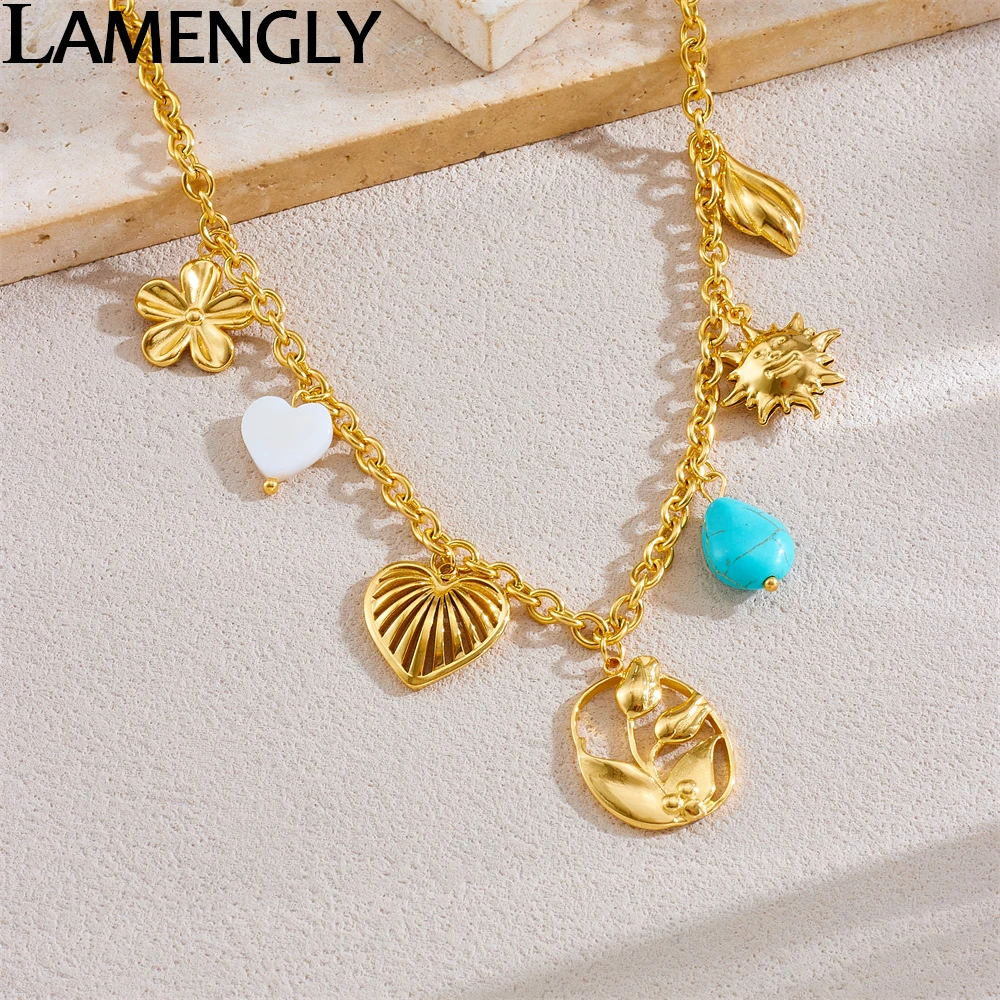 

LAMENGLY 316L Stainless Steel Exquisite Hollow Heart Flower Face Sun Pendant Necklace For Women Romantic Elegant Neck Chain Gift