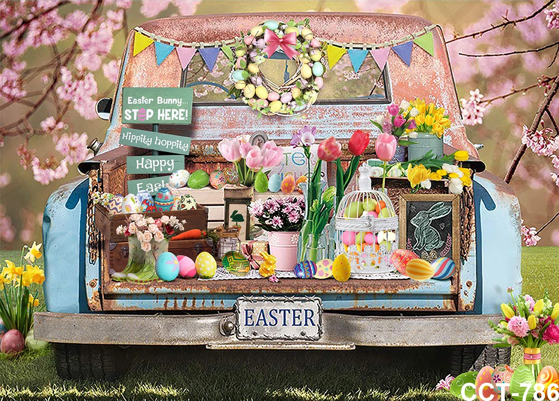 Easter Photography Backdrop Spring Flower Egg Rabbit Baby Decor Photographic Carrot Kid Car Camping Retro Car Background Props