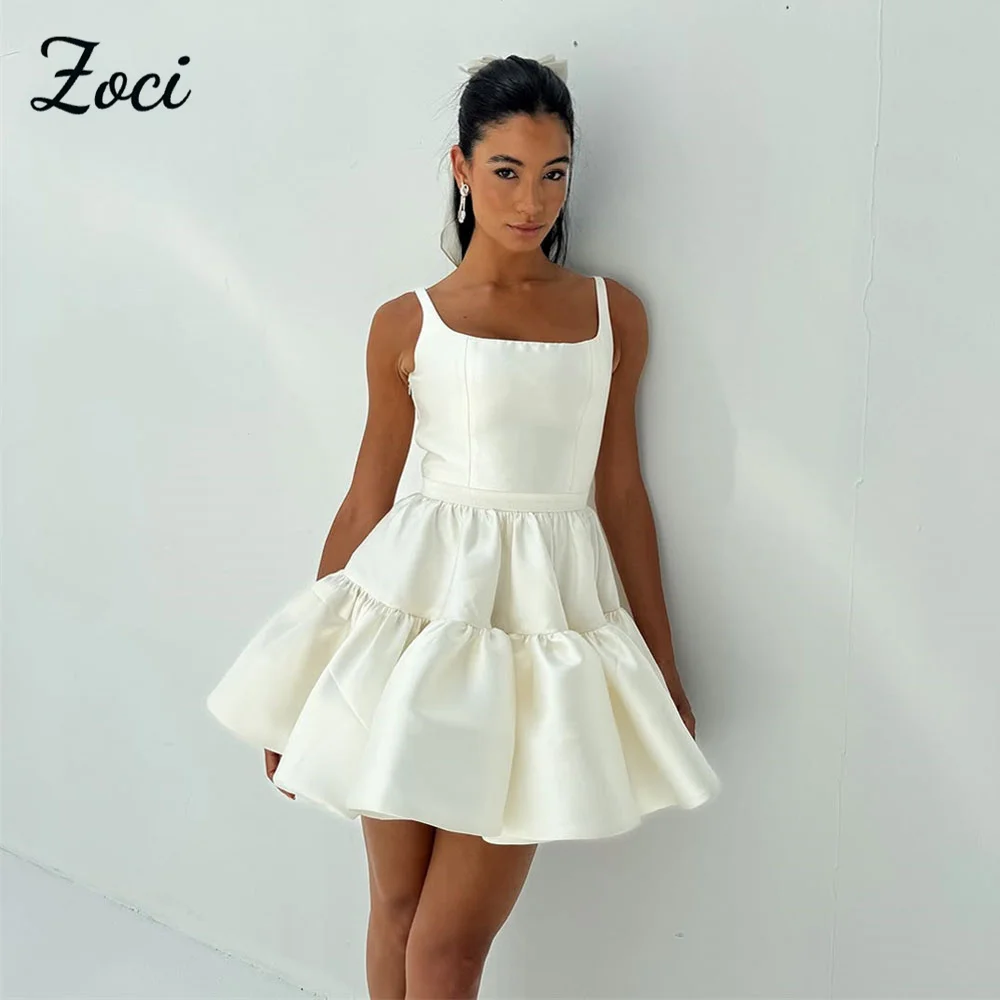 

Zoci Elegant Square Short Wedding Dresses Wide Straps Pleats Satin Puffy Bride Dress vestidos de novia Customized Wedding Gown