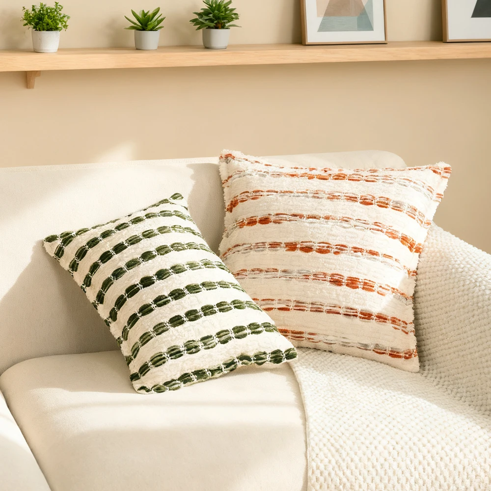 BUYNOW 1 Stück Garngefärbter Grün-Orange Bubble-Streifen Kissenbezug Frischer Landhausstil Wohnzimmer Sofa Kissenhülle Heim Bett Deko