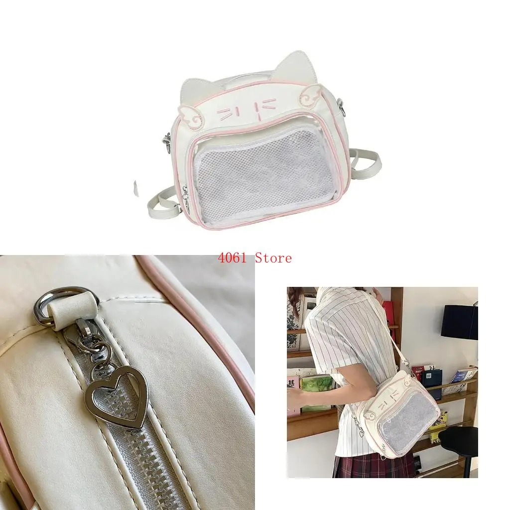 

Women Anime Cats Itabag Backpack Multipurpose PU Schoolbag with Multiple Pockets Transparent Pin Display Crossbody Bag