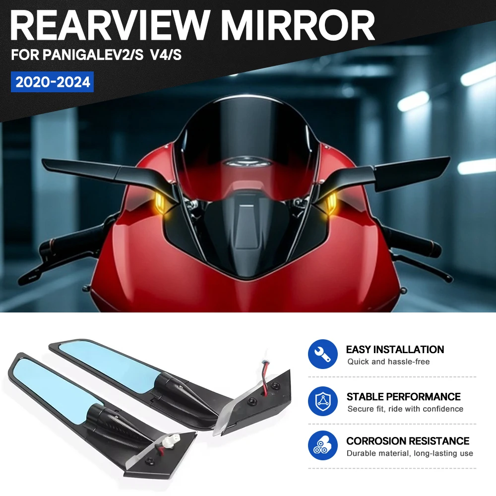 For DUCATI PANIGALE V2/S V4/S 2020-2024 Motorcycle Rearview Mirrors With LED Turn Signal Light Wide Angle Reflector