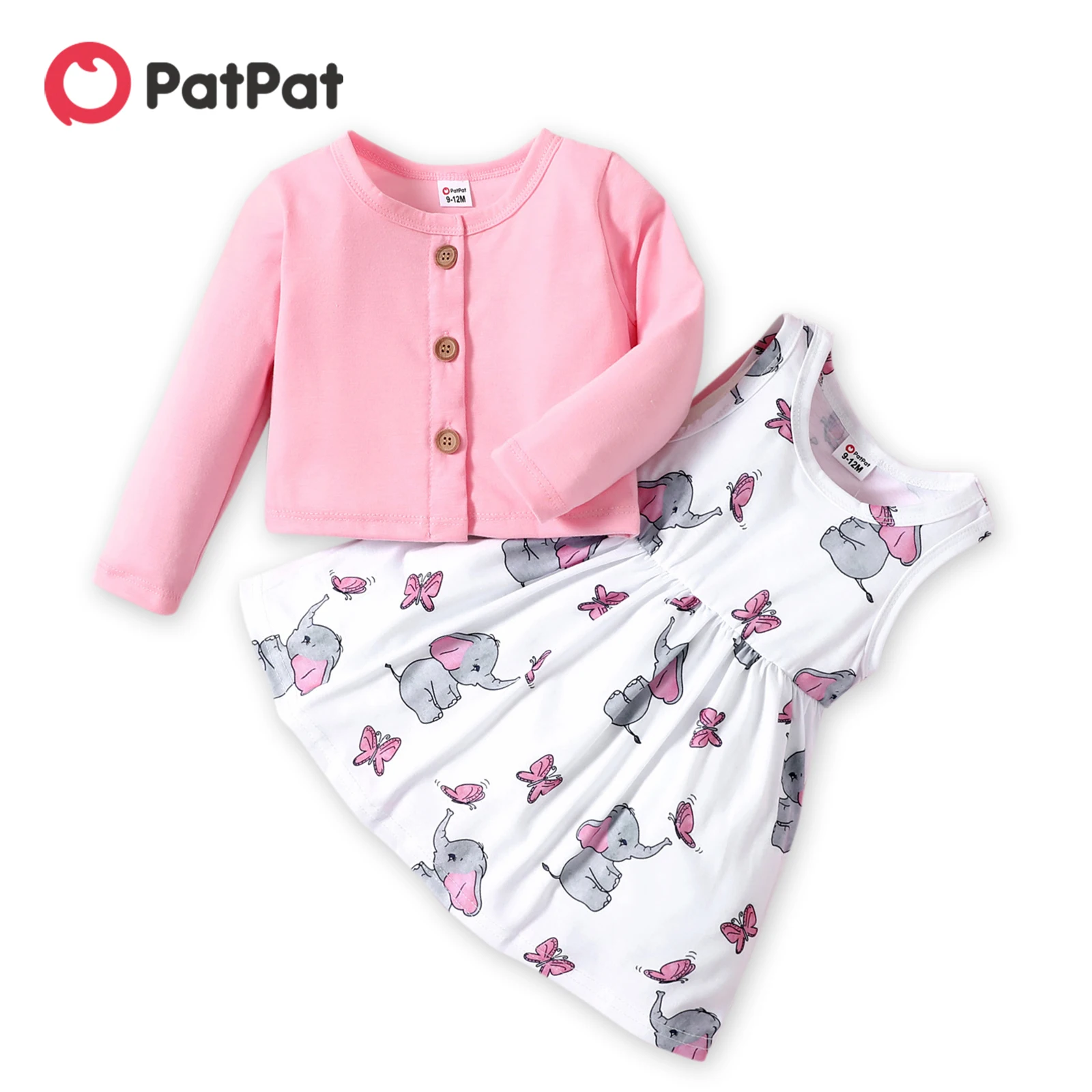 

PatPat 2pcs Baby Girl Clothing Set Pink Long-sleeve Cardigan with Cartoon Elephant and Butterfly Print Sleeveless Dress Set