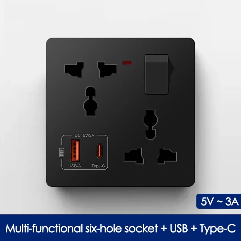 86 Type Wall Multifunctional 1Gang6 Six-Hole Socket With Switch Control USB+Type-C Port Fast Charging Socket Panel