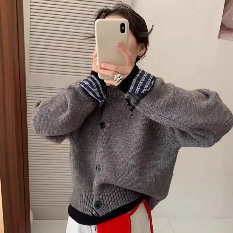 

2025 New Autumn and Winter High-end Splicing Plaid Cuffs Fake Two-piece Sweater Jacket for Women