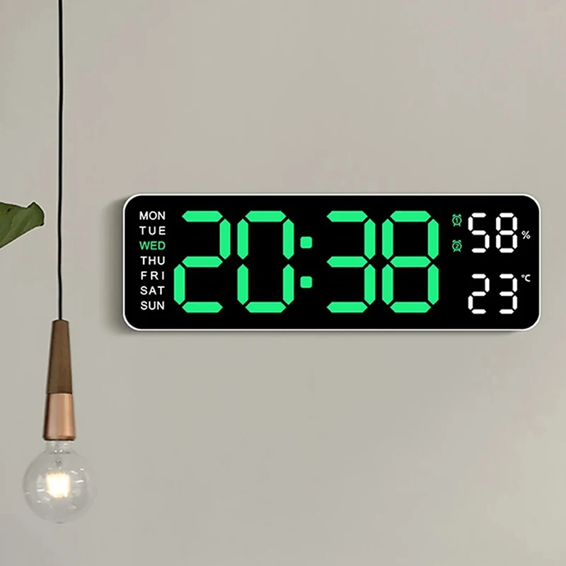 Large Digital Wall Clock Temperature and Humidity Week Display Brightness Adjustable Electronic LED Table Alarm Clock 12/24H