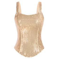 GRACE KARIN Women Sequined Party Tops Wide Straps Square Neck Curved Front Hem Blouse Spaghetti Strap Sleeveless Vest Camisole