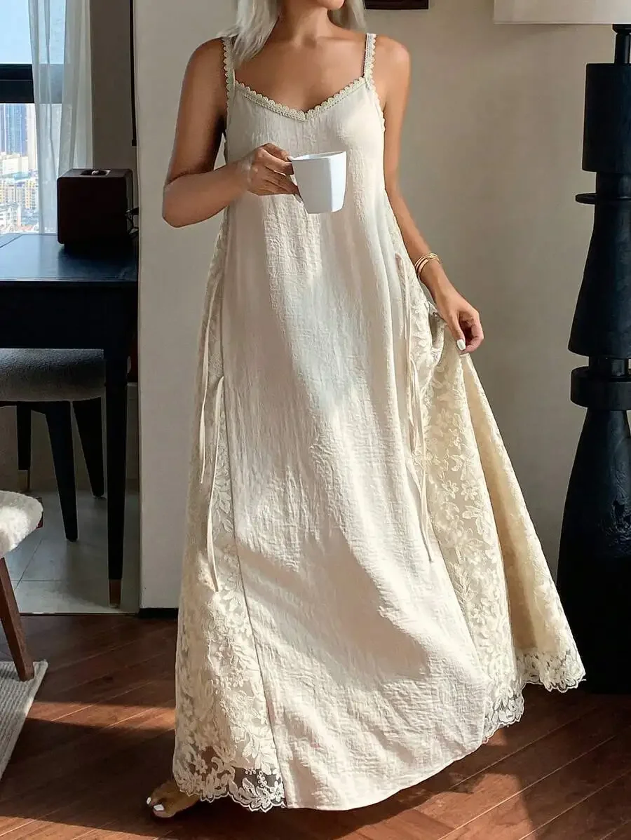 

Elegant Lace Trimmed Slip Nightgown For Women Long Sleep Dress