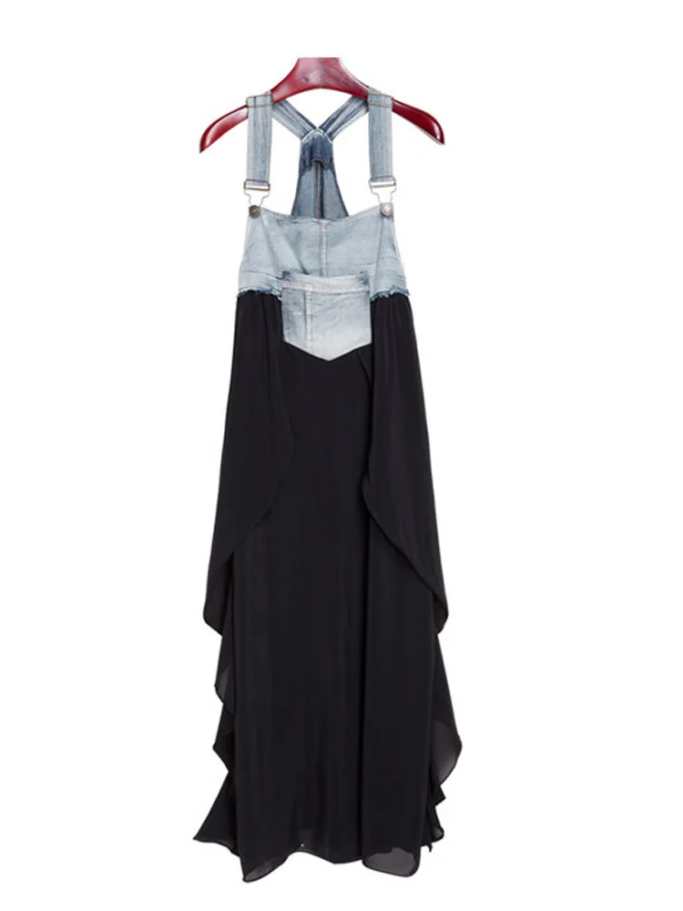 

2025 Summer New Elegant Women's Dress Loose Denim Patchwork Chiffon Overalls Sexy Suspender Dress Spaghetti Strap Robe