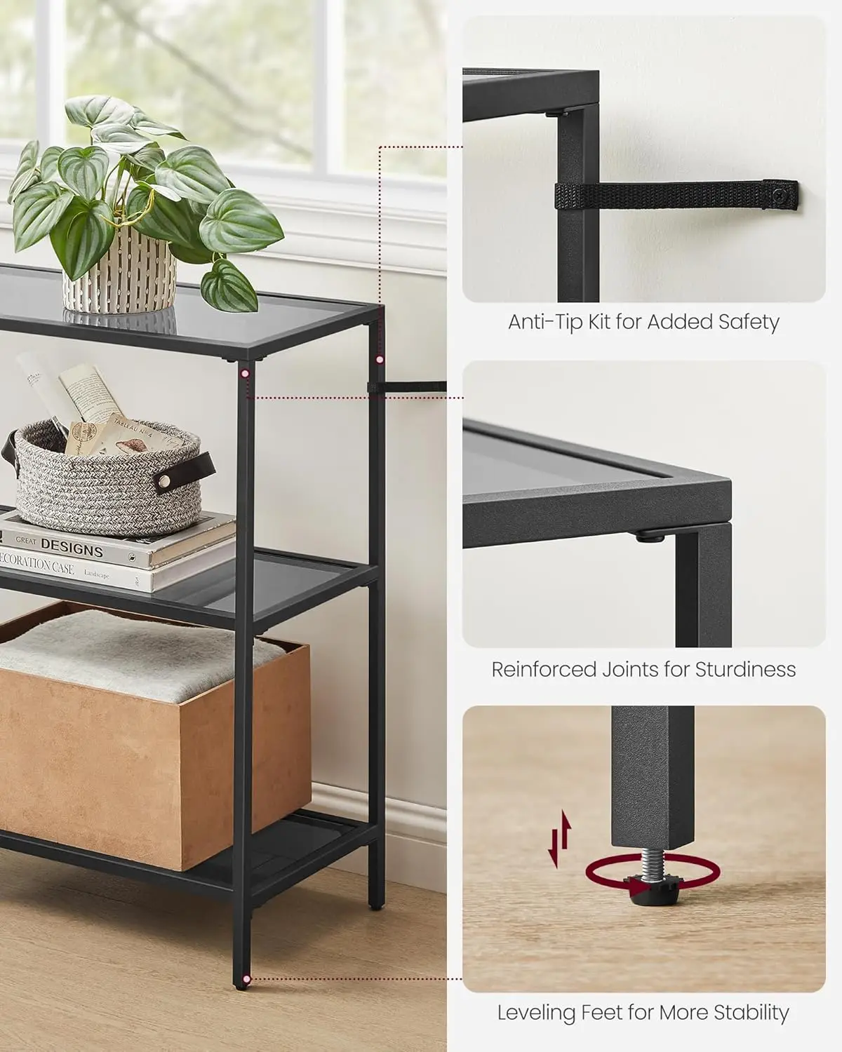 

51.2 Inch Console Table with 3 Shelves, Sofa Table, Entryway Table, Metal Frame, Tempered Glass Shelf, Modern Style