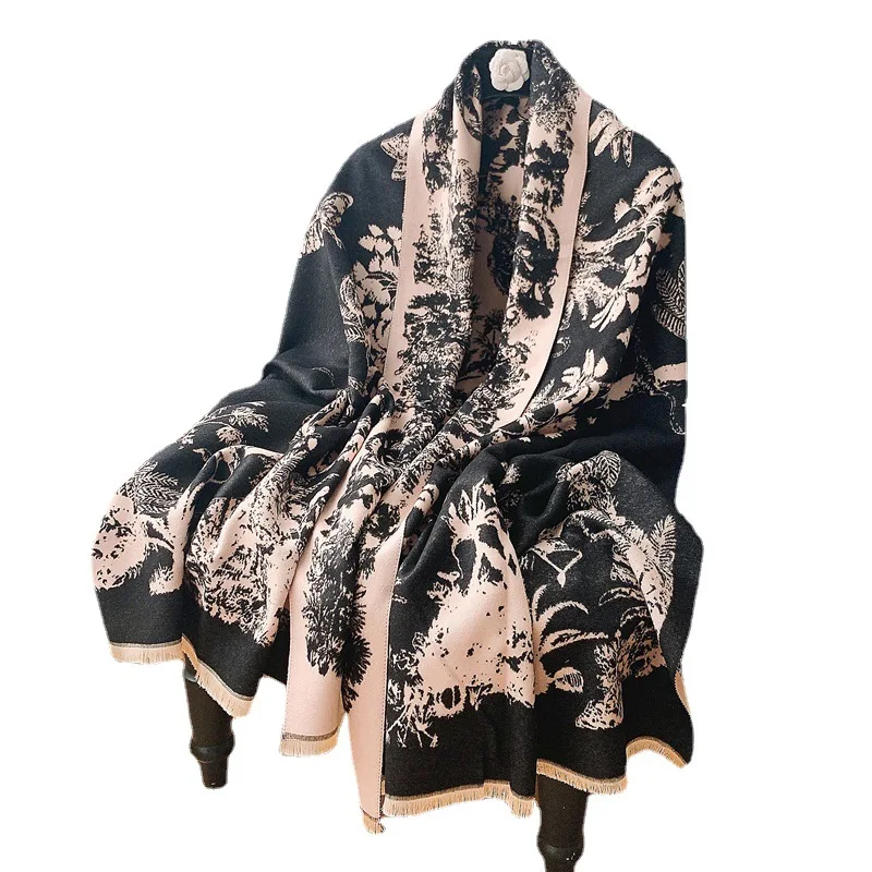 

Flower Jacquard Shawl Warm Cashmere Blend Pashmina Winter Shawl and Wrap Luxury Tassel Echarpes Women Big Size Blanket Capes