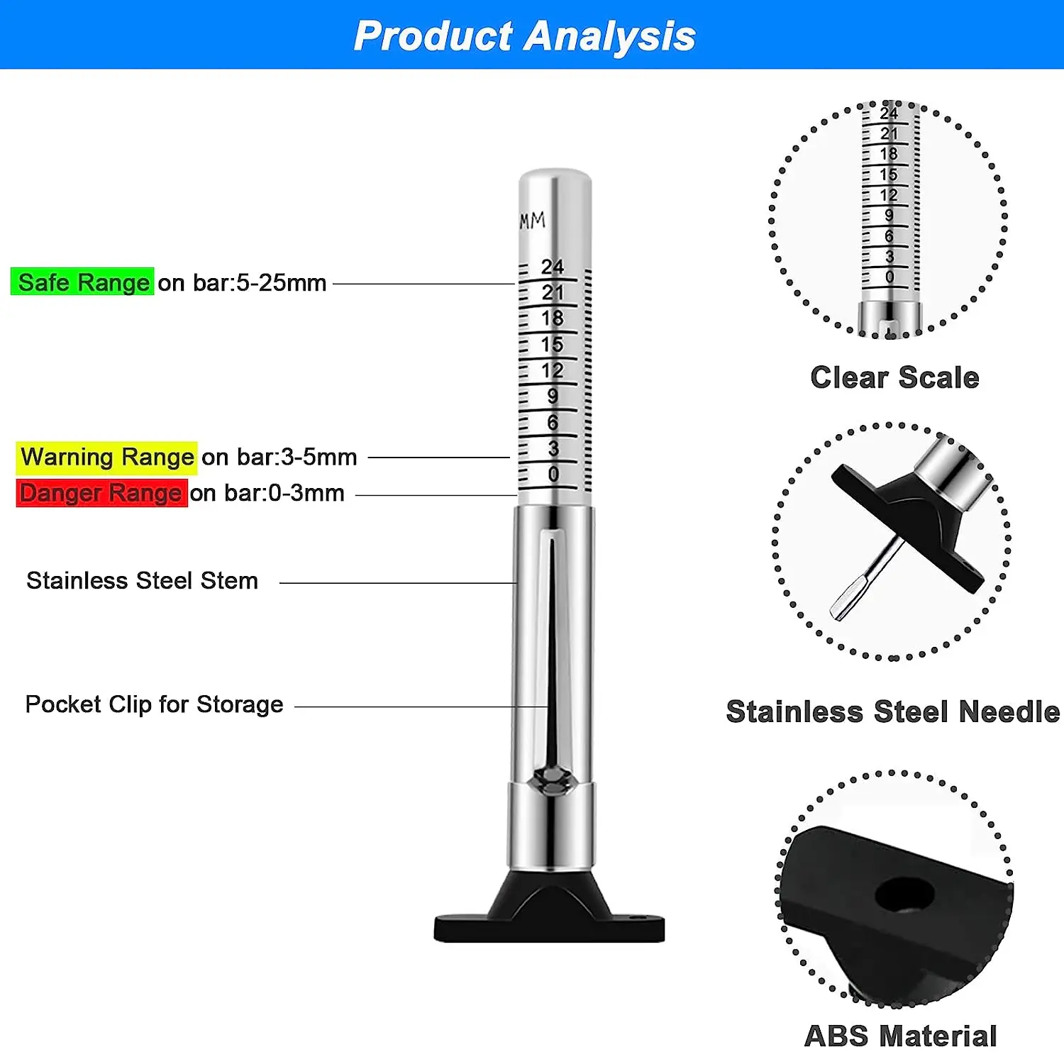 ATsafepro 타이어 트레드 깊이 게이지, UK, 스테인레스 스틸, 타이어 트레드 깊이 검사기, 타이어 깊이 측정 도구, 25mm, 32 번째