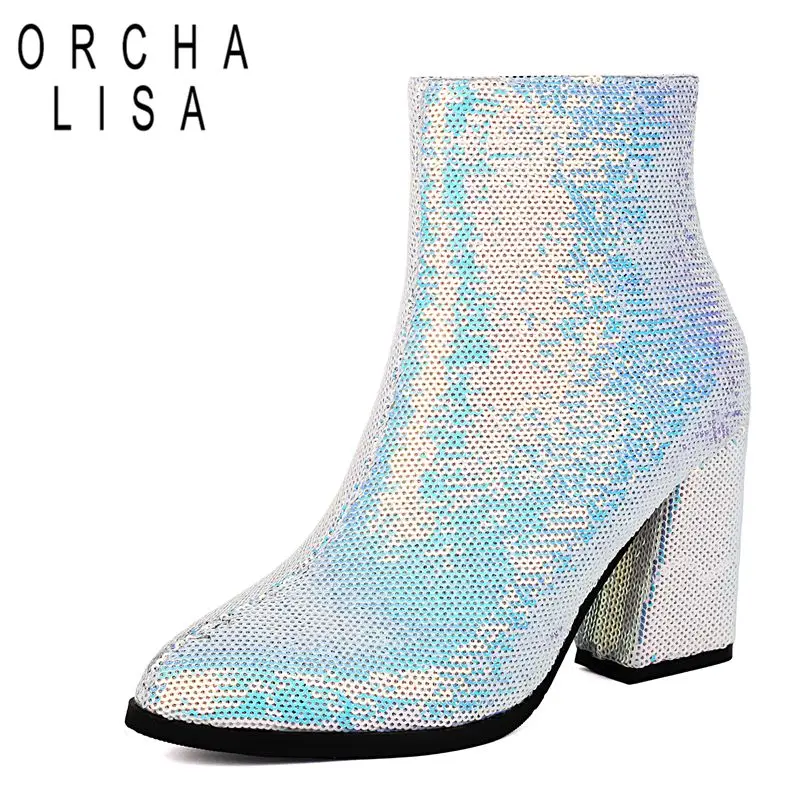 

ORCHA LISA, популярные блестящие женские ботильоны с острым носком, толстый каблук 8,5 см, на молнии, большой размер 44, короткие зимние ботильоны для свиданий и вечеринок