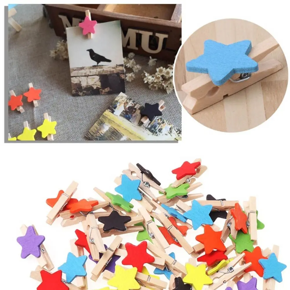 50Pcs Colored Star Mini Wooden Craft Clips Card Photo Paper Peg Pin Clothespin Home Wedding Decoration