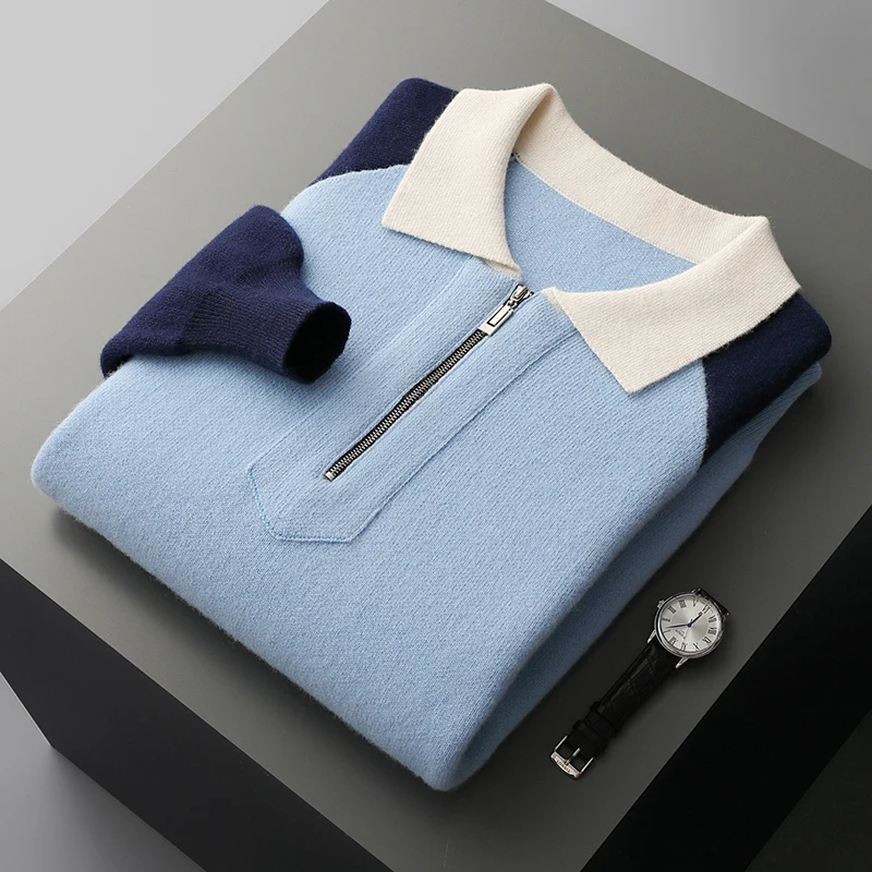 POLO Collar 100% Pure Wool Half Zipper Sweater Man Lapel Knit Pullover Fashion Loose Shirt Winter Youth Match Color Thicken Tops