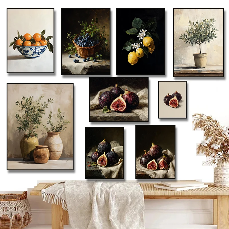 1pc frameless canvas painting Moody Figs Lemon  Oranges Still Life Poster Canvas Painting Print Kitchen Rustic Cottage Antiqu