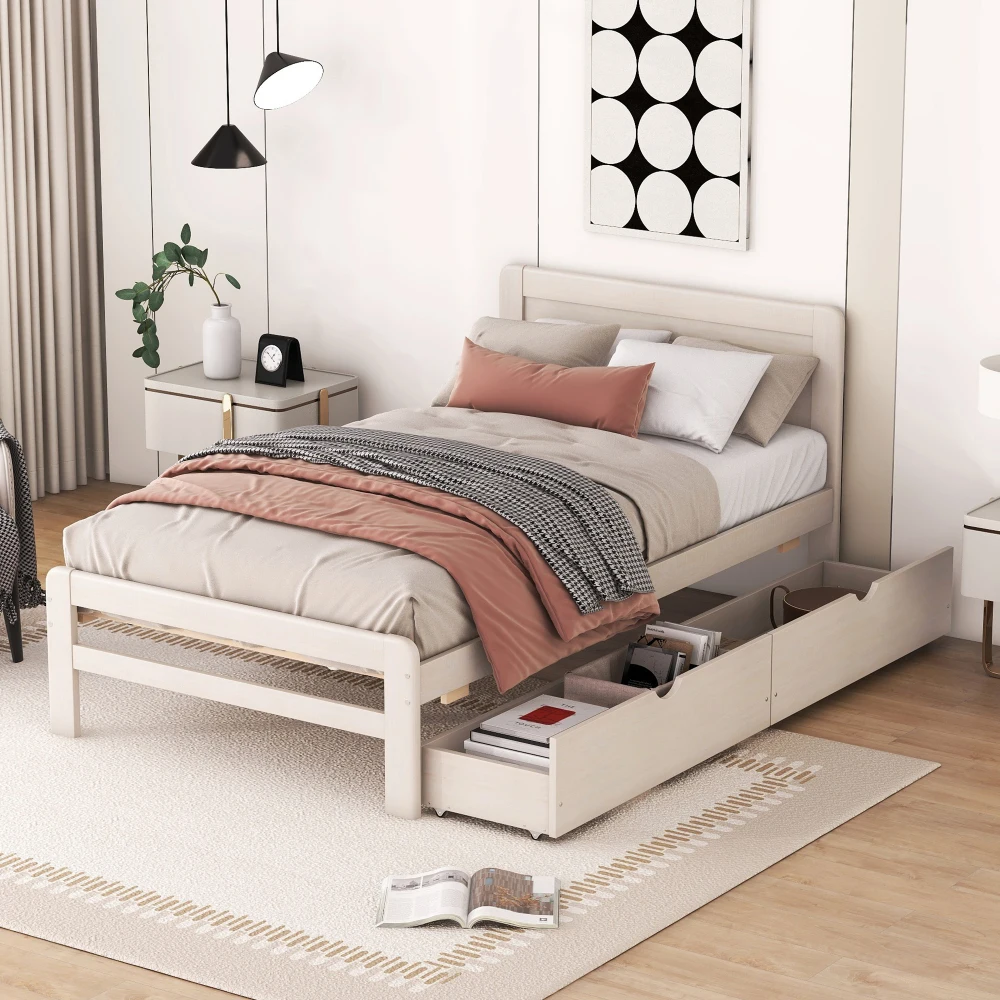 

Modern Design Twin Size Platform Bed Frame with 2 Drawers for White Washed Color