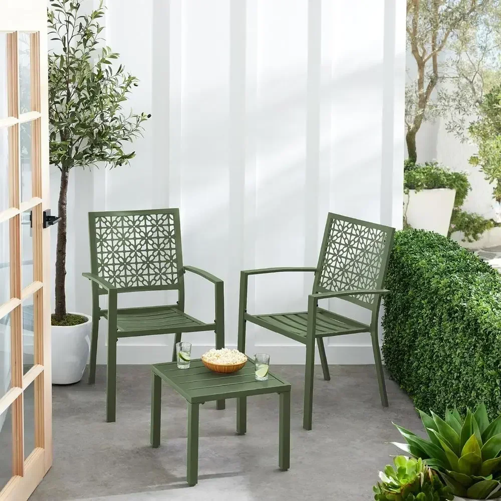 Sage Green Stackable Outdoor Bistro Set with 2 Chairs and Table for Garden or Porch