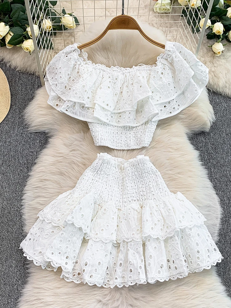 

Французский стиль отпуска, крючок, цветок, ажурный лист лотоса, пуловер с открытыми плечами, короткая эластичная плиссированная юбка, комплект пышной юбки