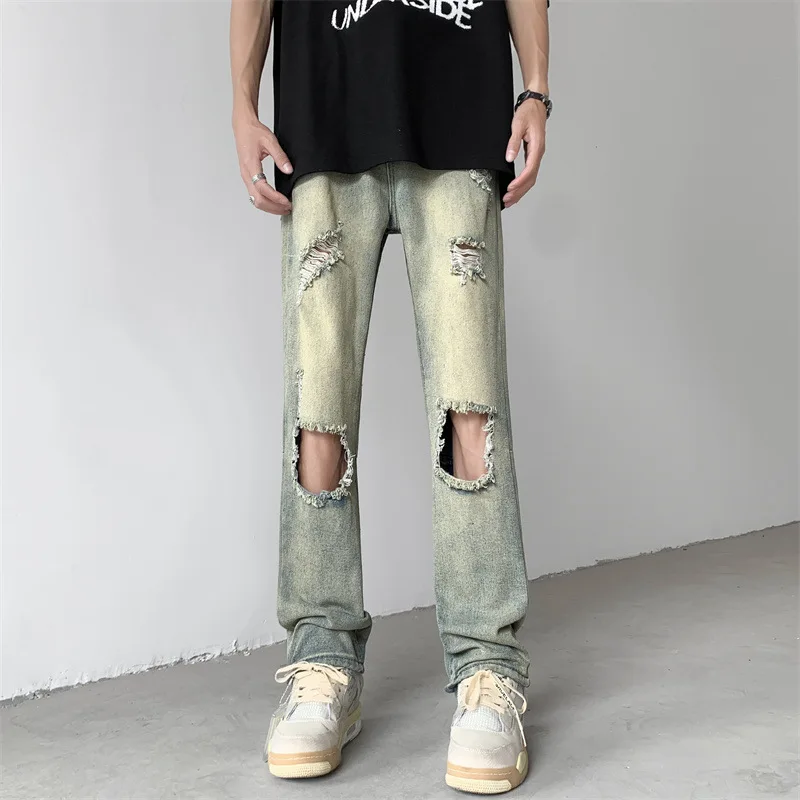 

2023 Men's Retro Ripped Jeans Summer Japanese Casual Cool Versatile Youth Straight Trousers