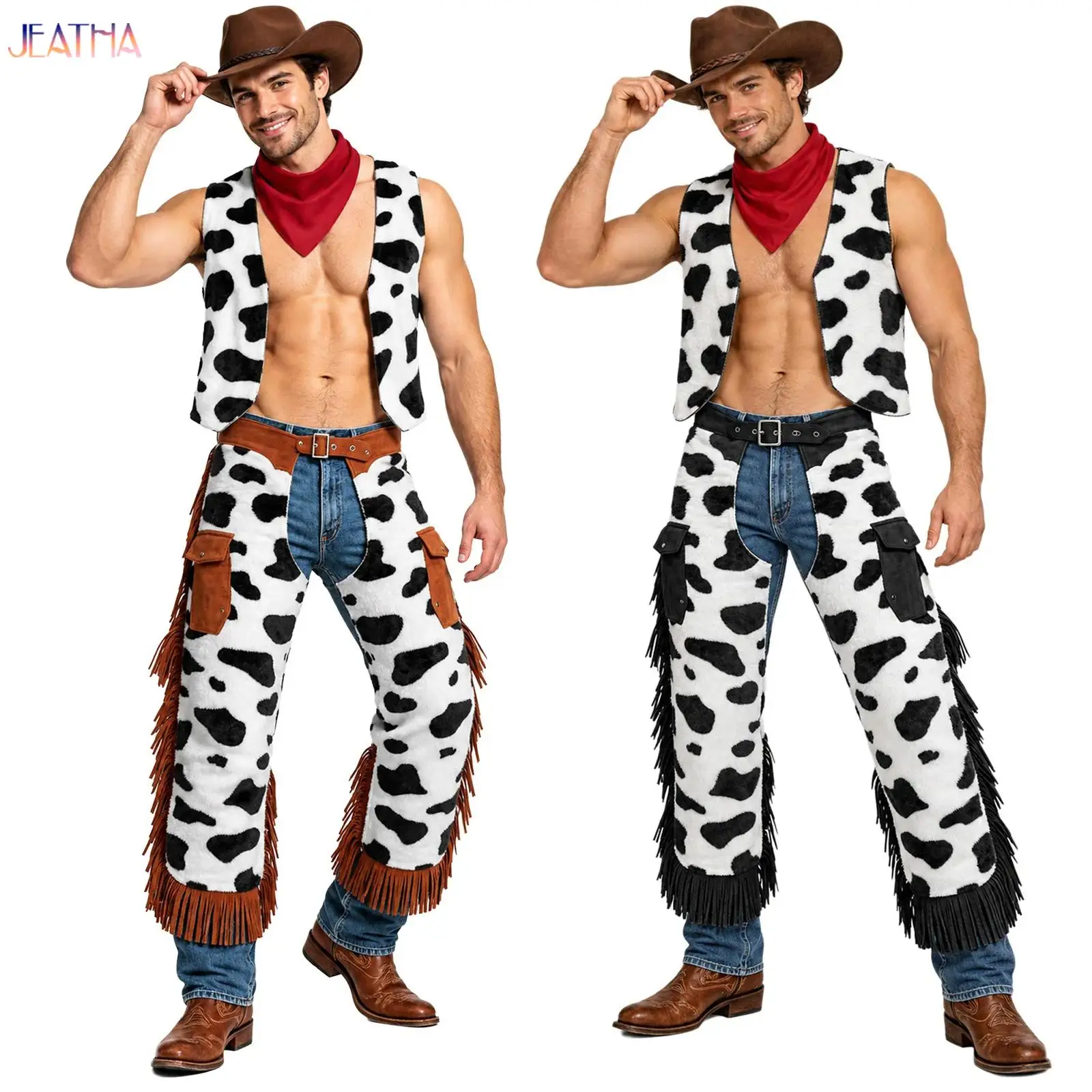 Conjunto de disfraz de vaquero del oeste para hombre, ideal para fiestas temáticas: chaleco de franela con abertura frontal + pantalones con flecos y cintura ajustable, con abertura en la entrepierna + pañuelo.