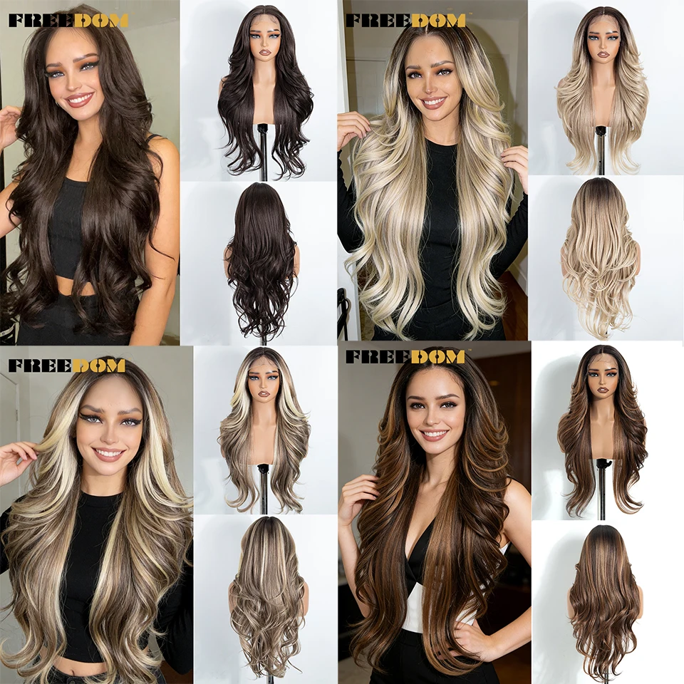 FREEDOM Long Layered Wavy Synthetic Lace Front Wigs For Women 28 Inch Ombre Brown Blonde Wig With Bangs Middle Part Cosplay Wigs