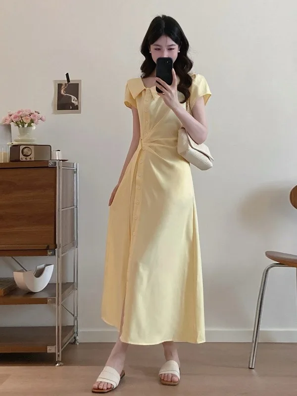 

plus Size Yellow Asymmetrical Single Button Short Sleeve Dress Women's Summer New Waist Cinched Elegant Long Dress Commute Style