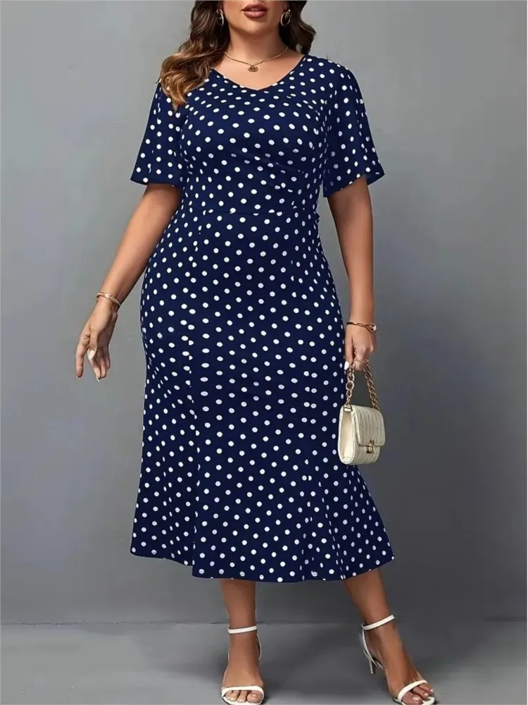 Vestido Midi de talla grande con estampado de lunares para mujer, cintura ajustada, Sexy, plisado con volantes, manga corta