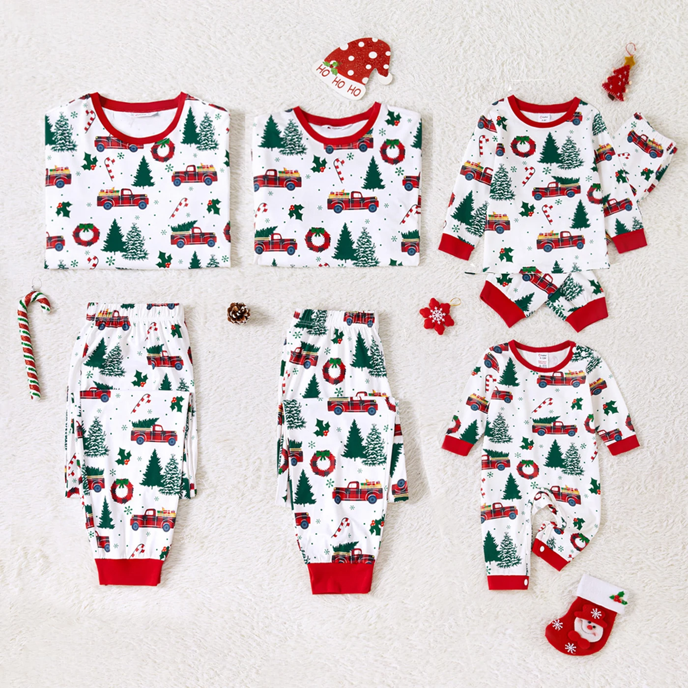 PatPat Christmas Family Matching Outfits Pajama Allover Xmas Tree & Car Print Long-sleeve Pajamas Family Sets (Flame Resistant)