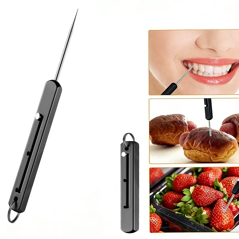 Portable Titanium Toothpick Reusable Rectangular Telescopic Integrated Toothpick Spring Sliding Fruit Picking Gift Keychain