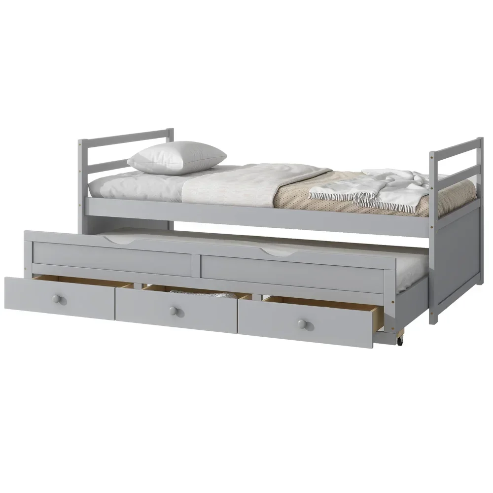 

Wood bed, Modern twin size Children Beds, Wood Twin Size Bed with Trundle and Storage Drawers for Kids