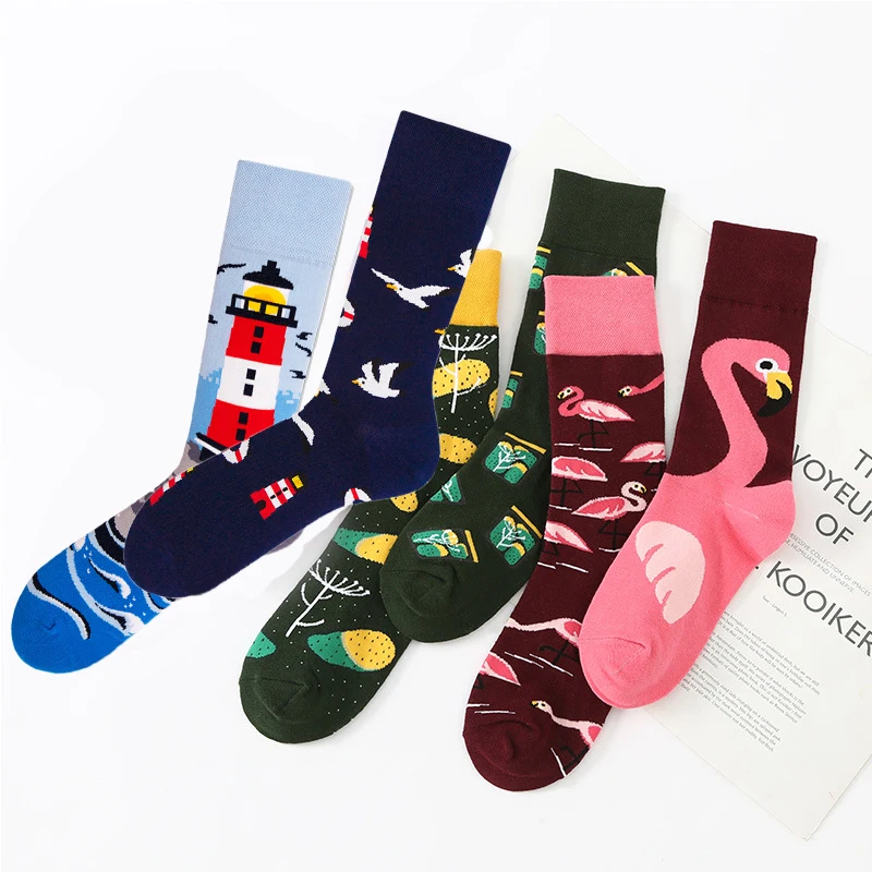 1 Pairs Asymmetric Trendy Socks Cartoon Jacquard Medium Tube Cotton Socks Kawaii Animal Woman Man Adult Socks