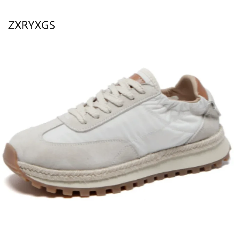 ZXRYXGS Matte Cowhide Splicing Cloth Spell Colors Women Sneakers Trendy Shoes 2026 New Autumn Lace-up Flat Sneakers Casual Shoes