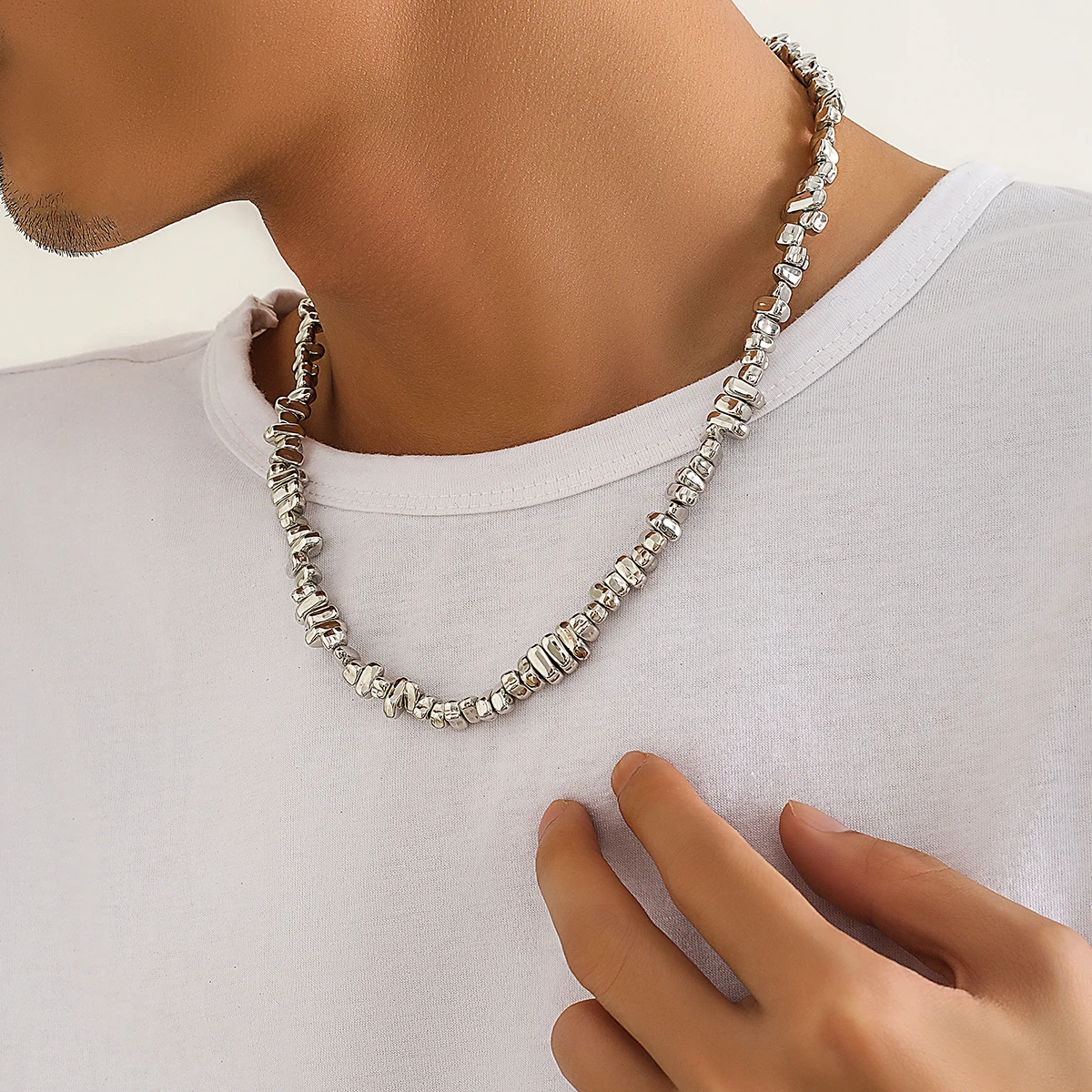 Salircon Gothic Irregular CCB Bead Chain Short Necklace Men\'s Punk Temperament Metal Bead Clavicle Necklace Trend Neck Jewelry