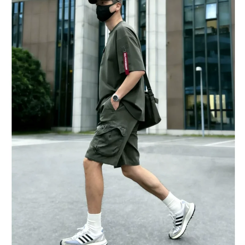 Warning Label Ribbon Air Force T-shirt Loose Shoulder Cotton Military Green