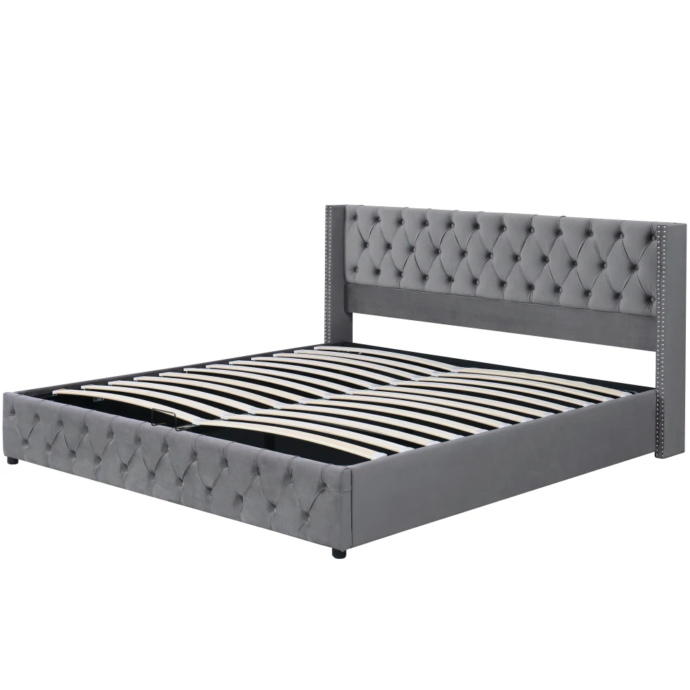 Gepolstertes Doppelbett aus schwarzem Samtflanell mit Nietenknopf und hydraulischem Stauraum (ohne Matratze), 160 x 200 cm oder 180 x 200 cm – Detail 17