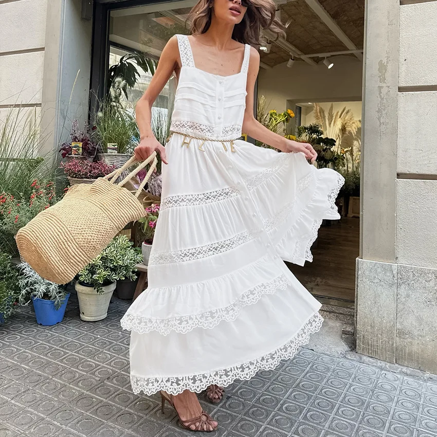 

Elegant Lace Camisole Dresses Spring Women Sleeveless Square Neckline Big Swing Dress Autumn High Waist Knee-length Strap Dress